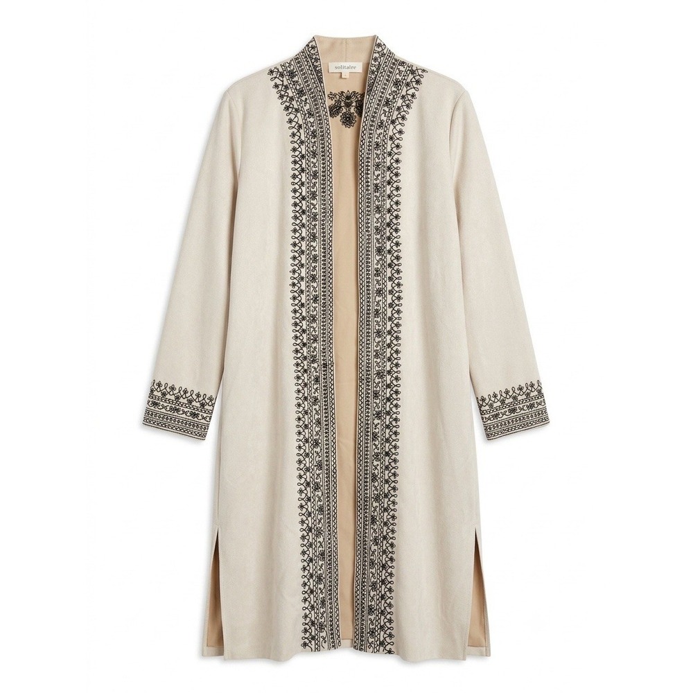 Solitaire Womens Long Cardigan Boho Embroidery L Stretch Classy Chic Beige